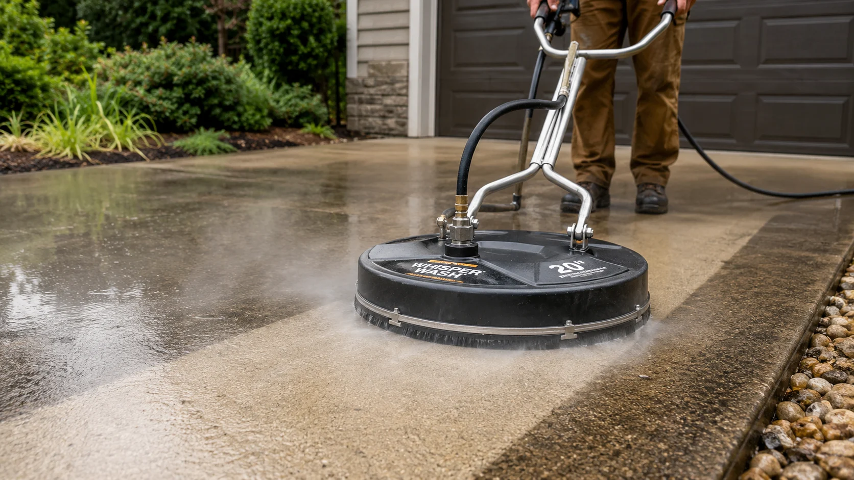 Pressure washing a concrete driveway to remove algae and stains