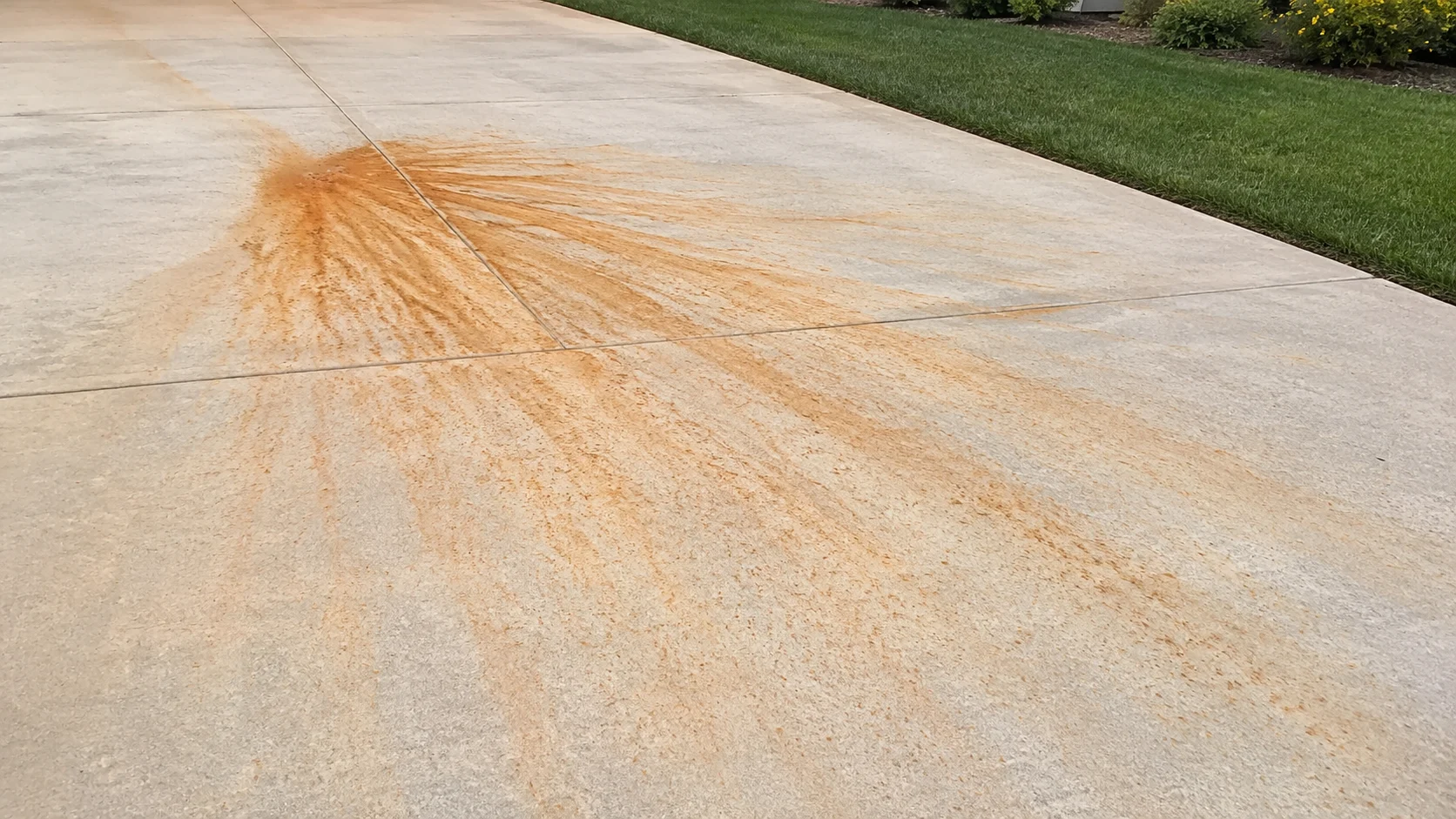 Orange rust stain on a driveway from iron-rich sprinkler water