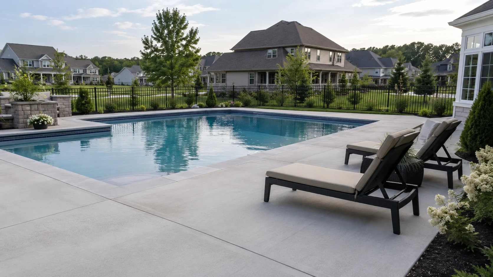 Clean concrete pool deck free of algae and mildew
