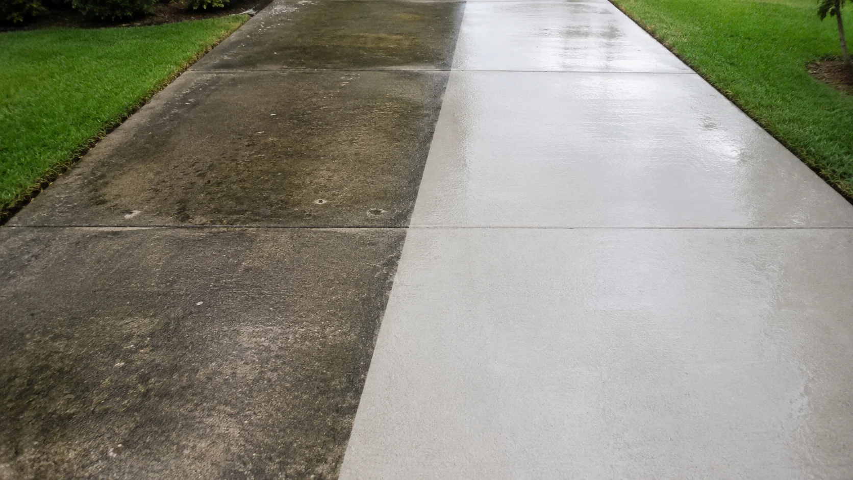 Before and after of a cleaned driveway