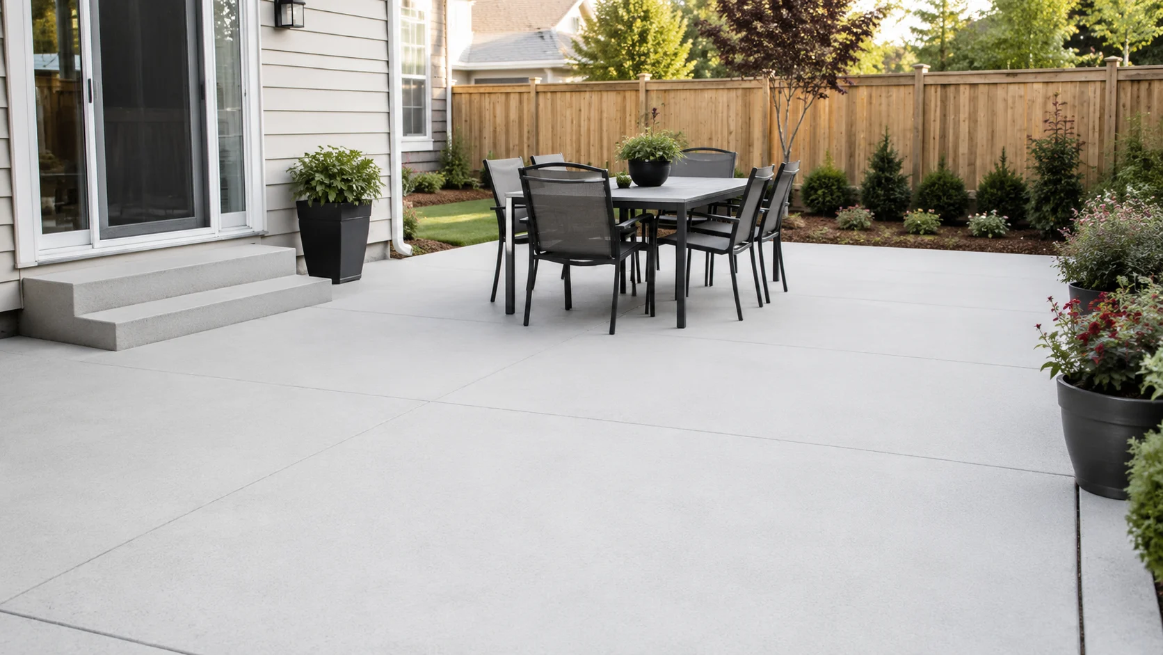 Freshly cleaned concrete patio with an outdoor dining set