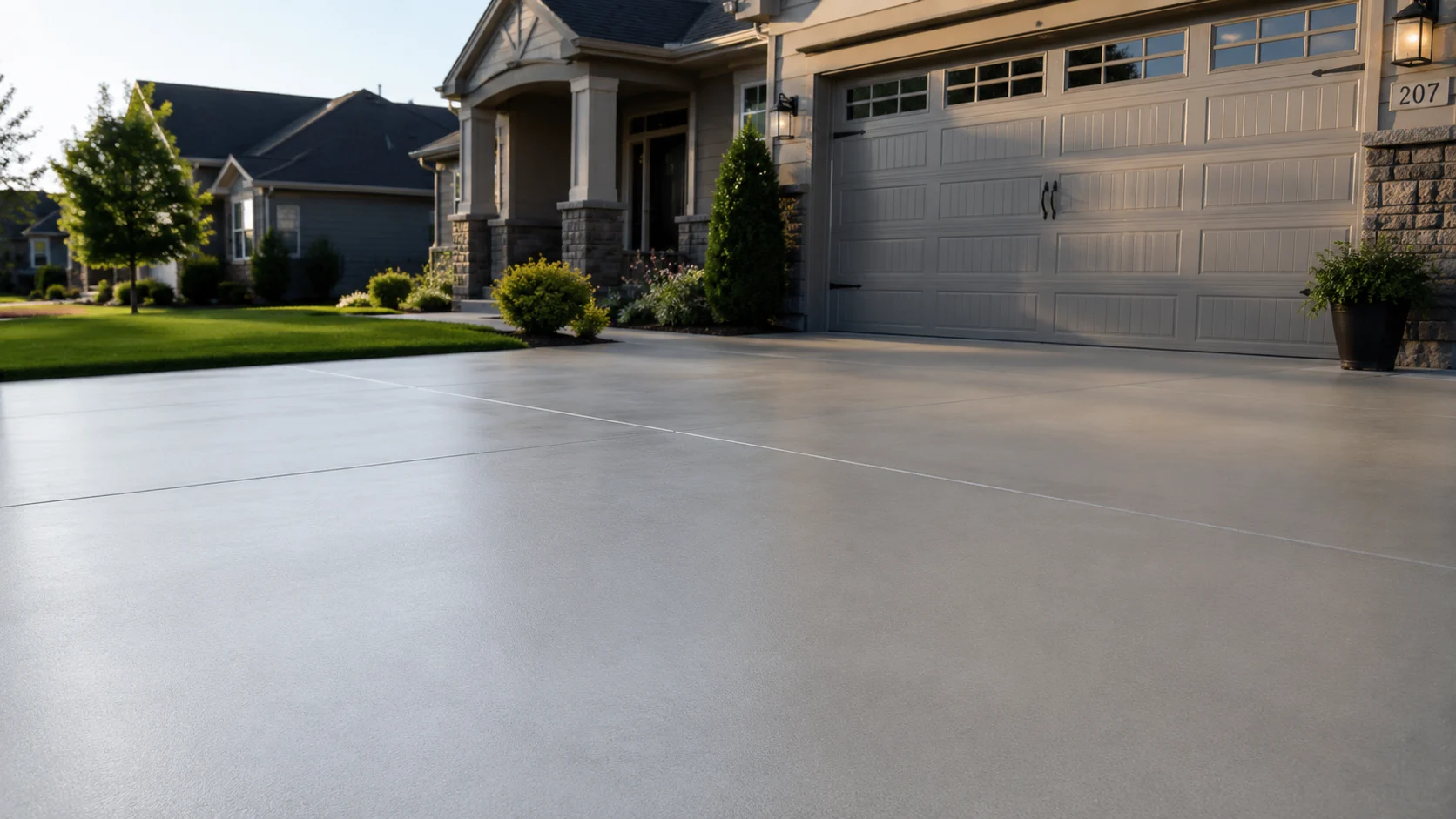 Freshly cleaned and sealed concrete driveway with an even finish