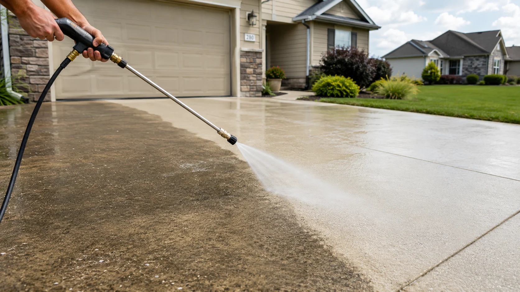 Soft washing a driveway, a water-restriction-compliant cleaning method
