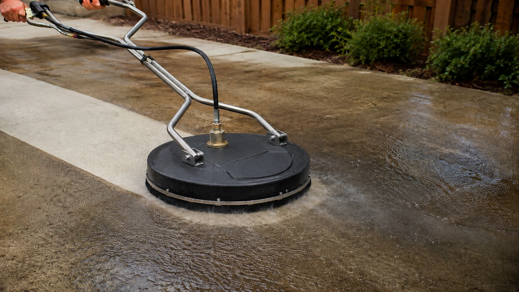 Pressure washing a concrete patio