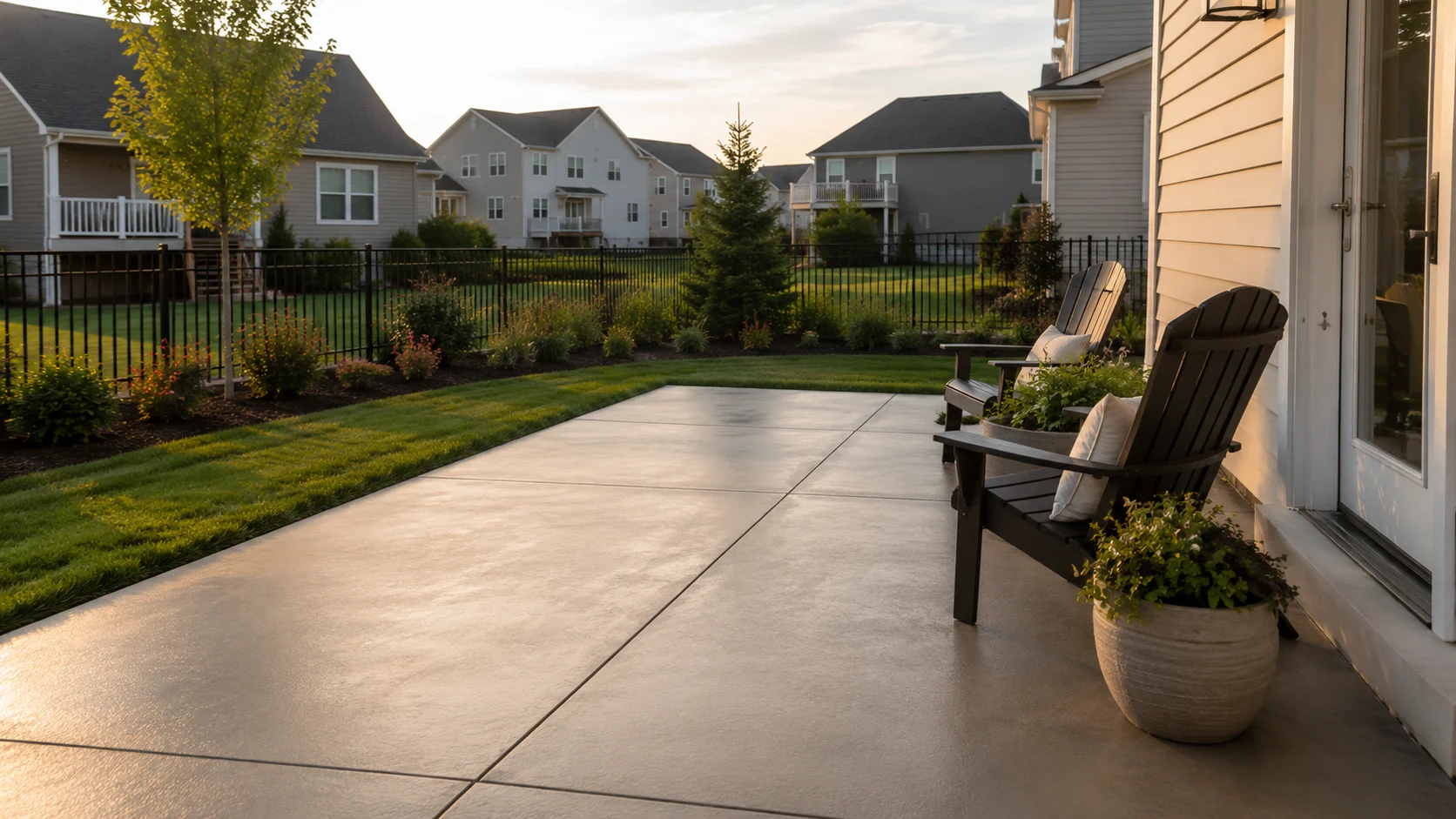 Freshly sealed concrete patio with a clean, even finish